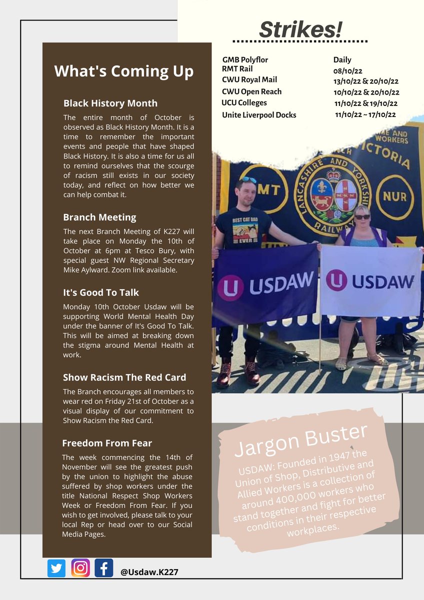 September Newsletter! 

Thank you to all the Reps involved in <a href="/UsdawUnion/">UsdawUnion</a> Membership Week over September! 

Solidarity also to our new friends made at the #LiverpoolDocks last month, we are behind you all the way! 

#JoinAUnion #solidarity
