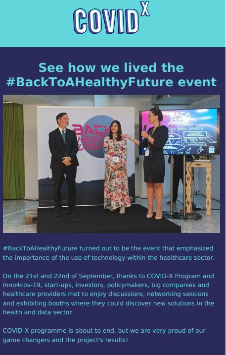 The COVID-X is ending, and we want to share the latest news of the project: #BacktoaHealthyFuture event and the latest #PressRelease.
📢Have a look at the final COVID-X #Newsletter!📩
bit.ly/COVID-X_10th_N…

#GameOn #TheCovidX #DataVsCovid