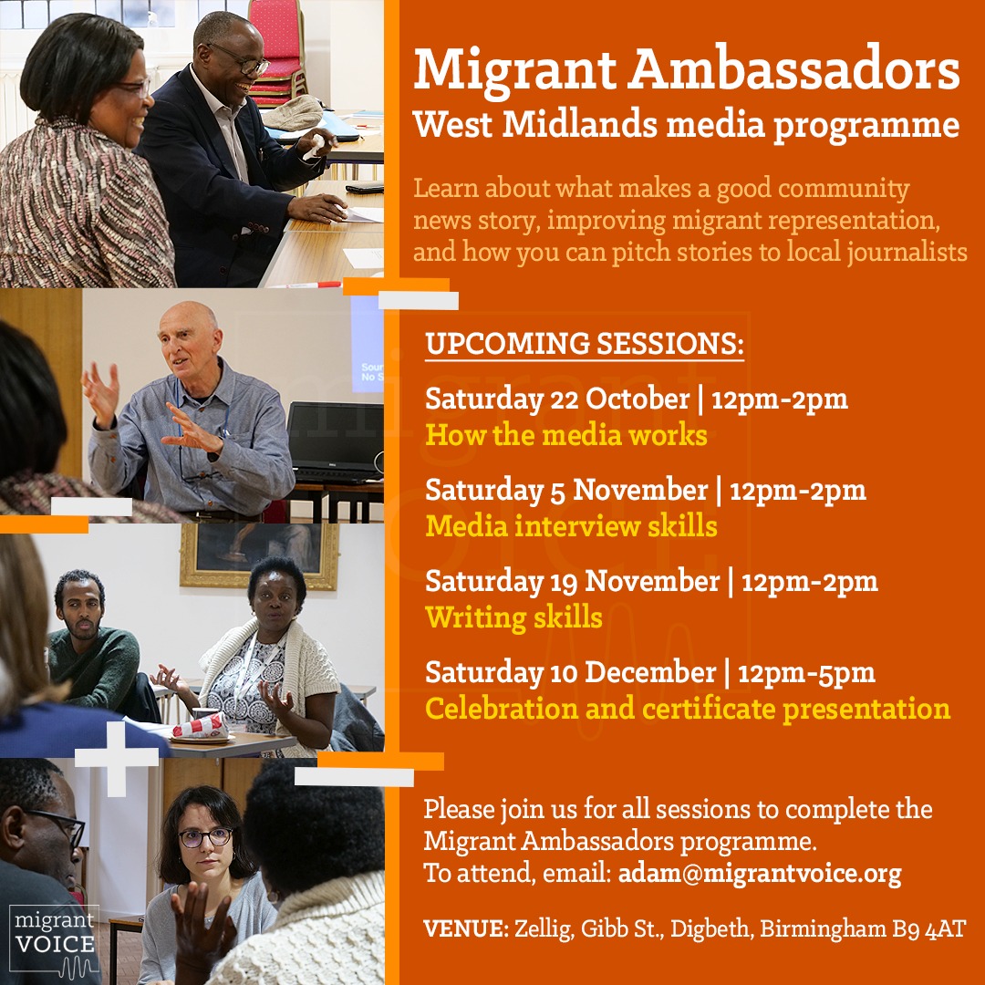 Our Migrant Ambassadors programme continues in Birmingham! Learn about what makes a good community news story, pitching stories to local journalists and much more. The next session is this Saturday, 22 October 📅 👉 You can still join! Email adam@migrantvoice.org to attend.