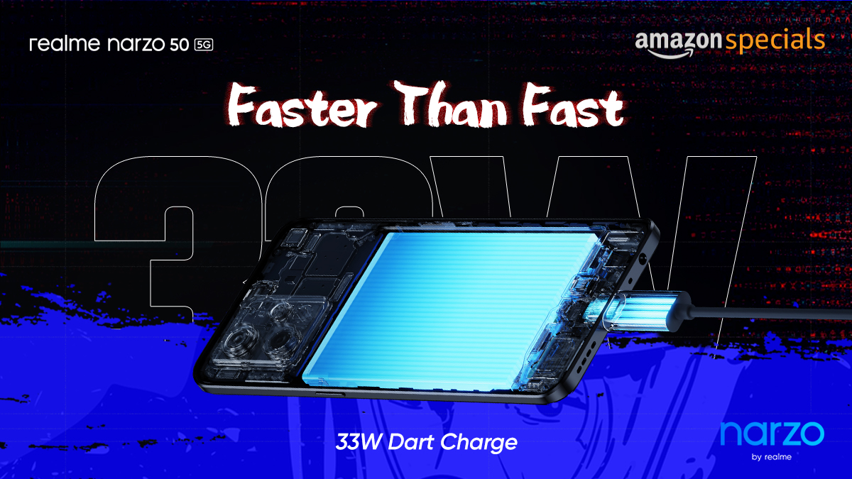 realmeIndia's tweet photo. With the 33W Dart Charge feature in the #realmeNarzo50 5G, you never have to worry about running out of battery again🔋

Get your #Mighty5GGameOn whenever you like! 

Buy now: https://t.co/cAPXKAAyqL https://t.co/MTBNl9s05o