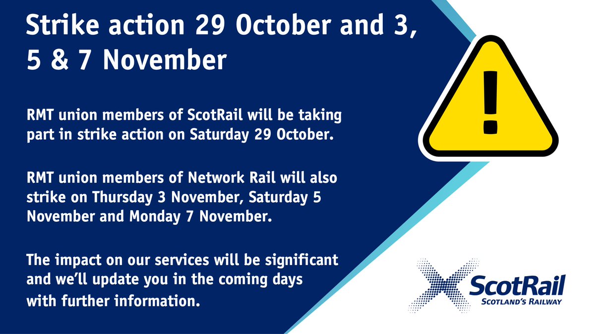 ScotRail's tweet photo. ⚠️ Important information for our customers.

We'll update our website here: https://t.co/egic1eZvR4 as soon as we have further information to share. https://t.co/qoYsBNbN3G