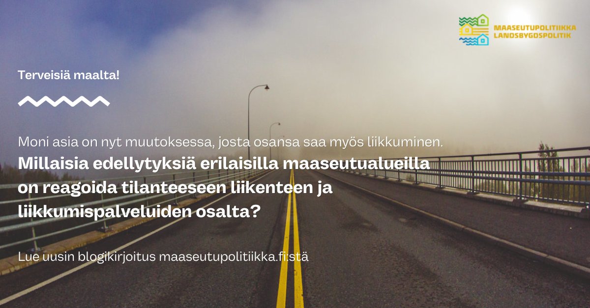 Moni asia on nyt muutoksessa, josta osansa saa myös #liikkuminen. Millaisia edellytyksiä on erilaisilla maaseutualueilla reagoida tilanteeseen liikenteen ja liikkumispalveluiden osalta? Lue @HSiiril kirjoitus 👉 maaseutupolitiikka.fi/blog/maaseutul… #maapuhuu #terveisiämaalta #muatapaa