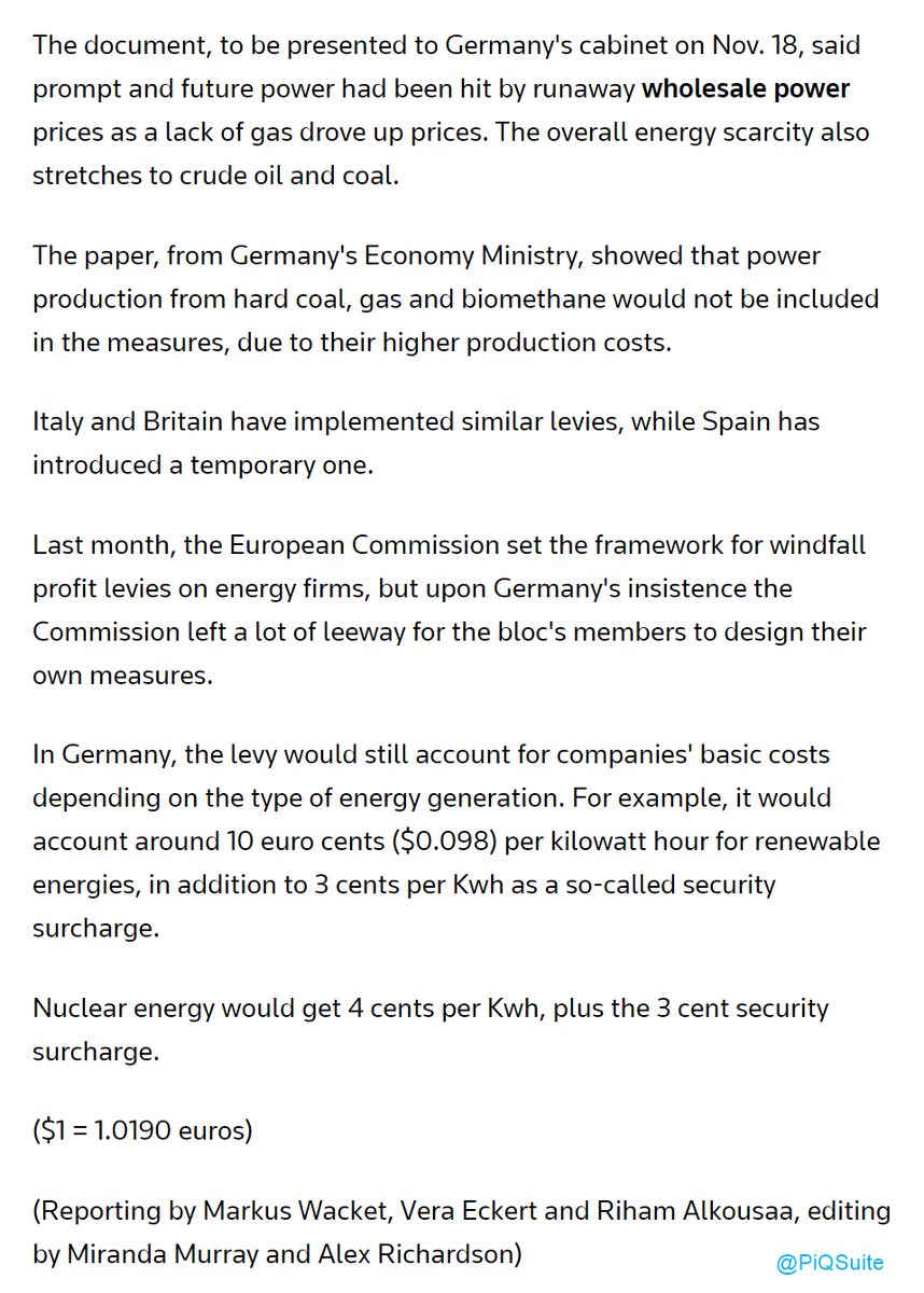 ⚠️ Germany to cap electricity prices by taxing excess profits - Reuters via PiQSuite.com/Suite