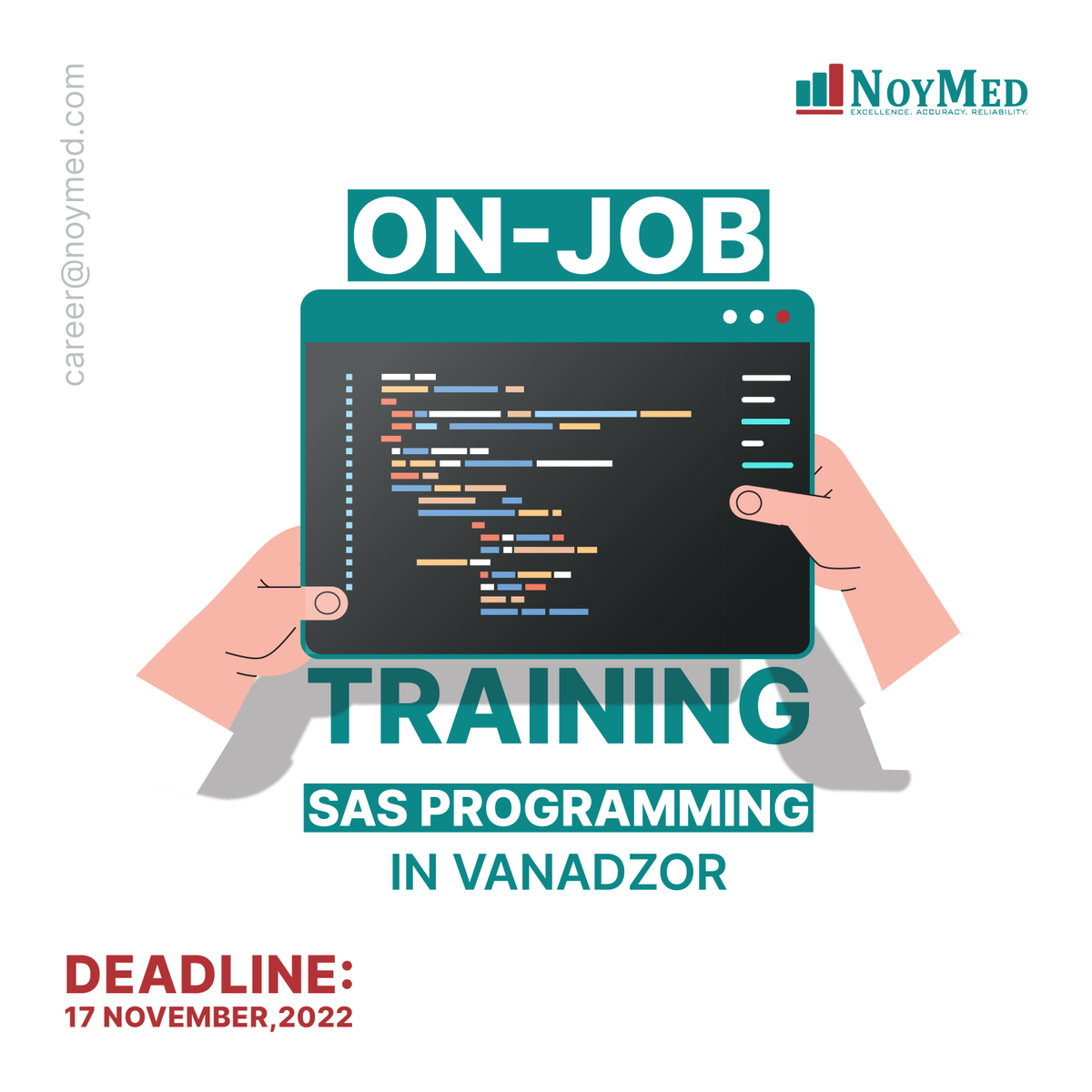 noymed_cro's tweet photo. We are launching our next 2-month SAS Programming training in Vanadzor! 
If you are interested, please send your CV to career@noymed.com, mentioning "SAS Programming_Vanadzor" in the subject line. 

Application deadline: November 17, 2022
#vanadzor #SASProgramming #NoyMed https://t.co/ClzlTjkrSp