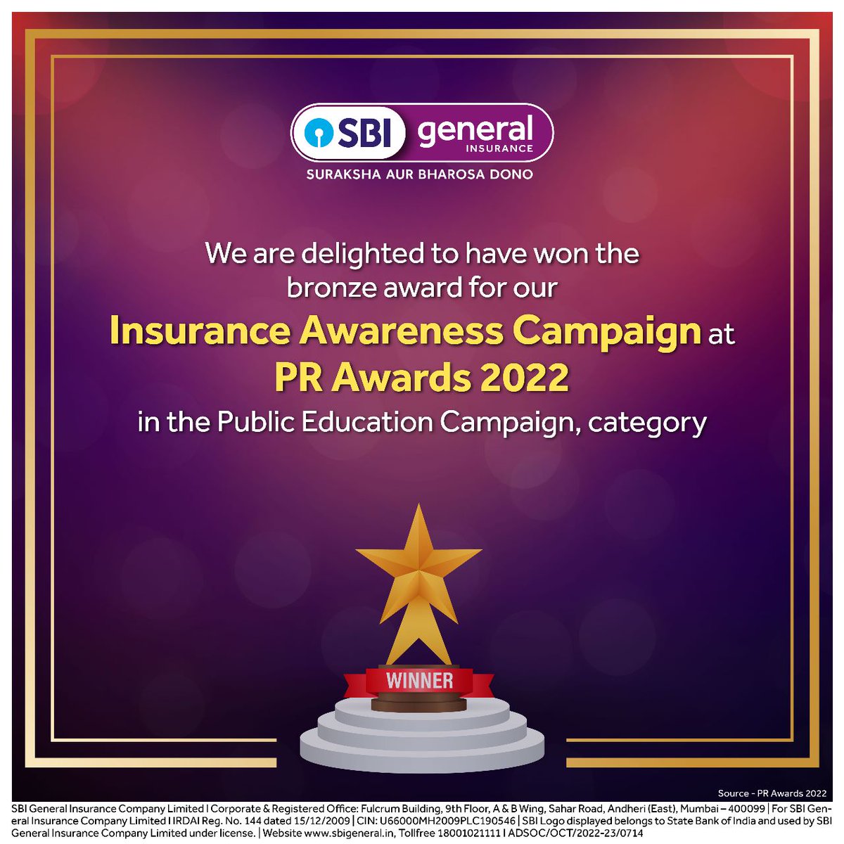 sbigeneral's tweet photo. We are announcing with great joy that our Insurance Awareness Campaign has achieved us the Bronze award at PR Awards 2022 in the Public Education Campaign category.

#AwardPost #Congratulations #ProudMoment #InsuranceAwarenessCampaign #PRawards2022 #PublicEducation https://t.co/IlD84zF3wA
