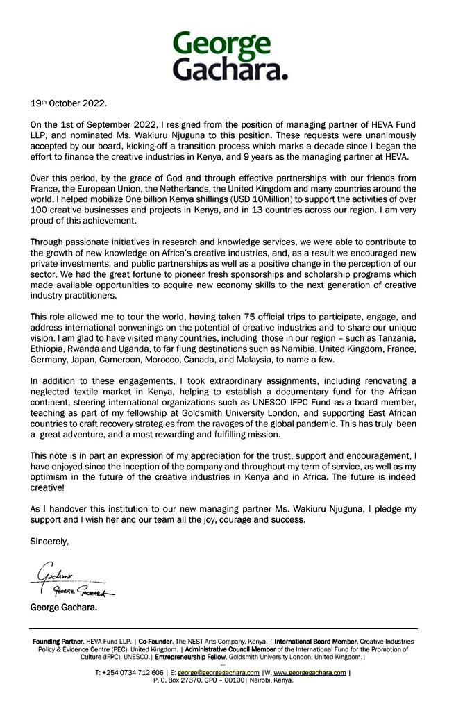 I am grateful for a decade of building & leading Africa's first dedicated financing facility for creative industries. I am handing over my role @HEVAFund to Ms. @wakiurunjuguna to drive our vision into the next phase of growth. It has been a rewarding and fulfilling adventure.