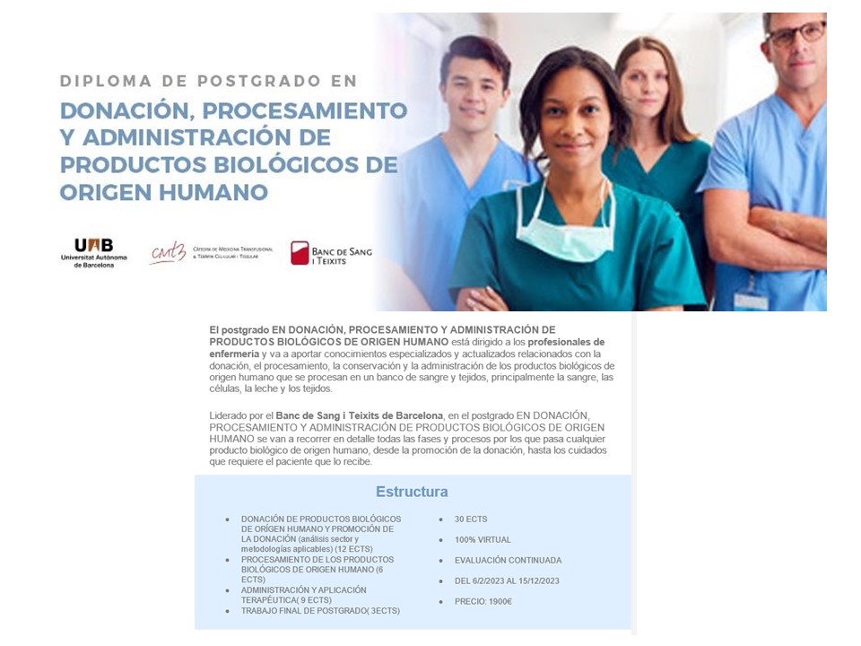Banc de Sang Vall d'Hebron (@bstvh_) on Twitter photo 📢Nuevo #postgrado en donación, procesamiento y administración de productos biológicos de origen humano para #enfermería. Organizado por <a href="/BSTRecerca/">RECERCA / Banc de Sang i Teixits de Catalunya</a> y <a href="/UABBarcelona/">Universitat Autònoma de Barcelona</a>
uab.cat/web/postgrado/… 📢Nuevo #postgrado en donación, procesamiento y administración de productos biológicos de origen humano para #enfermería. Organizado por <a href="/BSTRecerca/">RECERCA / Banc de Sang i Teixits de Catalunya</a> y <a href="/UABBarcelona/">Universitat Autònoma de Barcelona</a>
uab.cat/web/postgrado/…