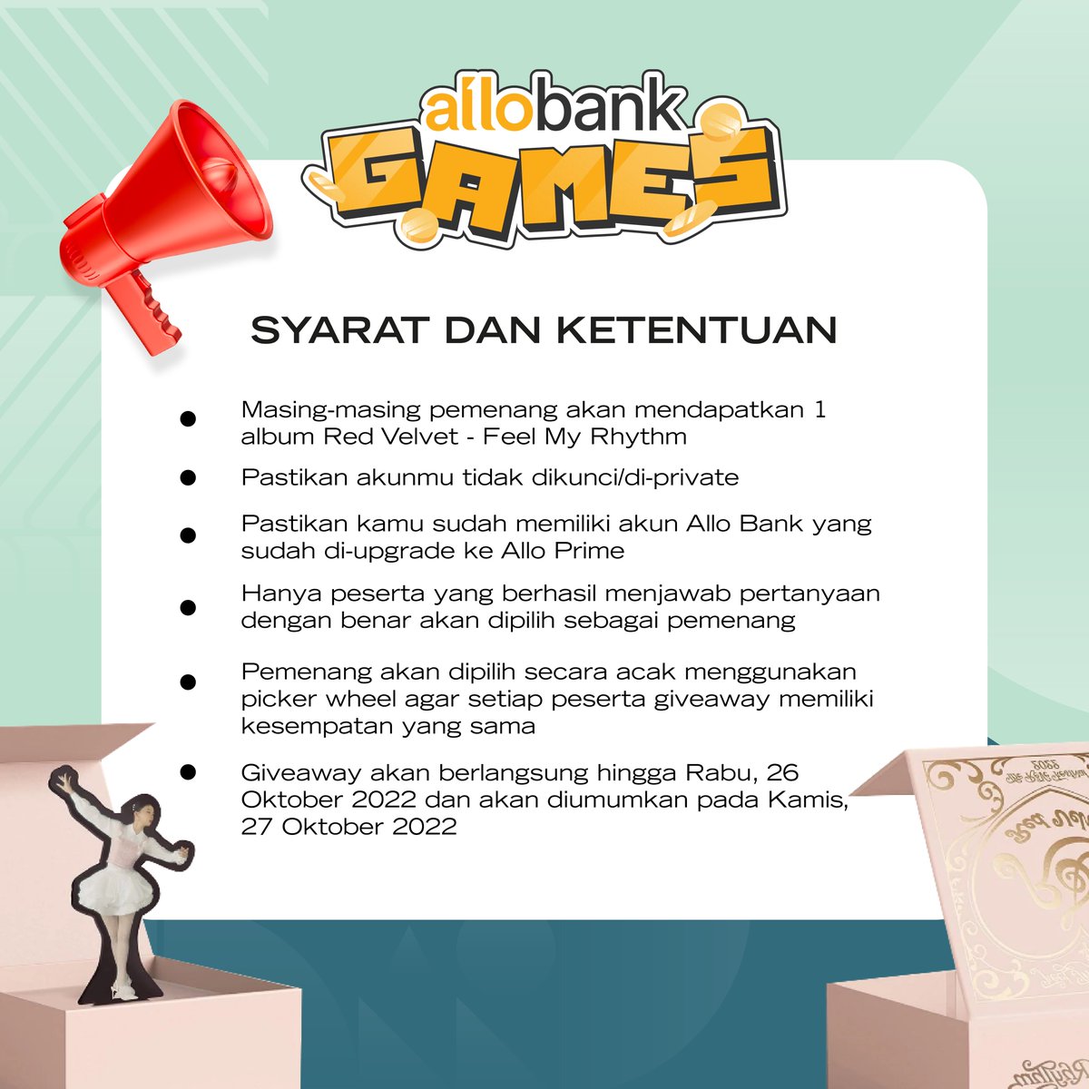 AlloBankID's tweet photo. ⚠️MEMANGGIL SELURUH REVELUV⚠️

Allo Bank mau bagi-bagi 9 album Feel My Rhythm - Red Velvet untuk 9 Reveluv!💃

Caranya? Gampang buangeeet! Cus cek rules dan T&amp;C-nya di bawah ini👇

#AlloBankBagiBagiAlbum https://t.co/zdsYlW60kq