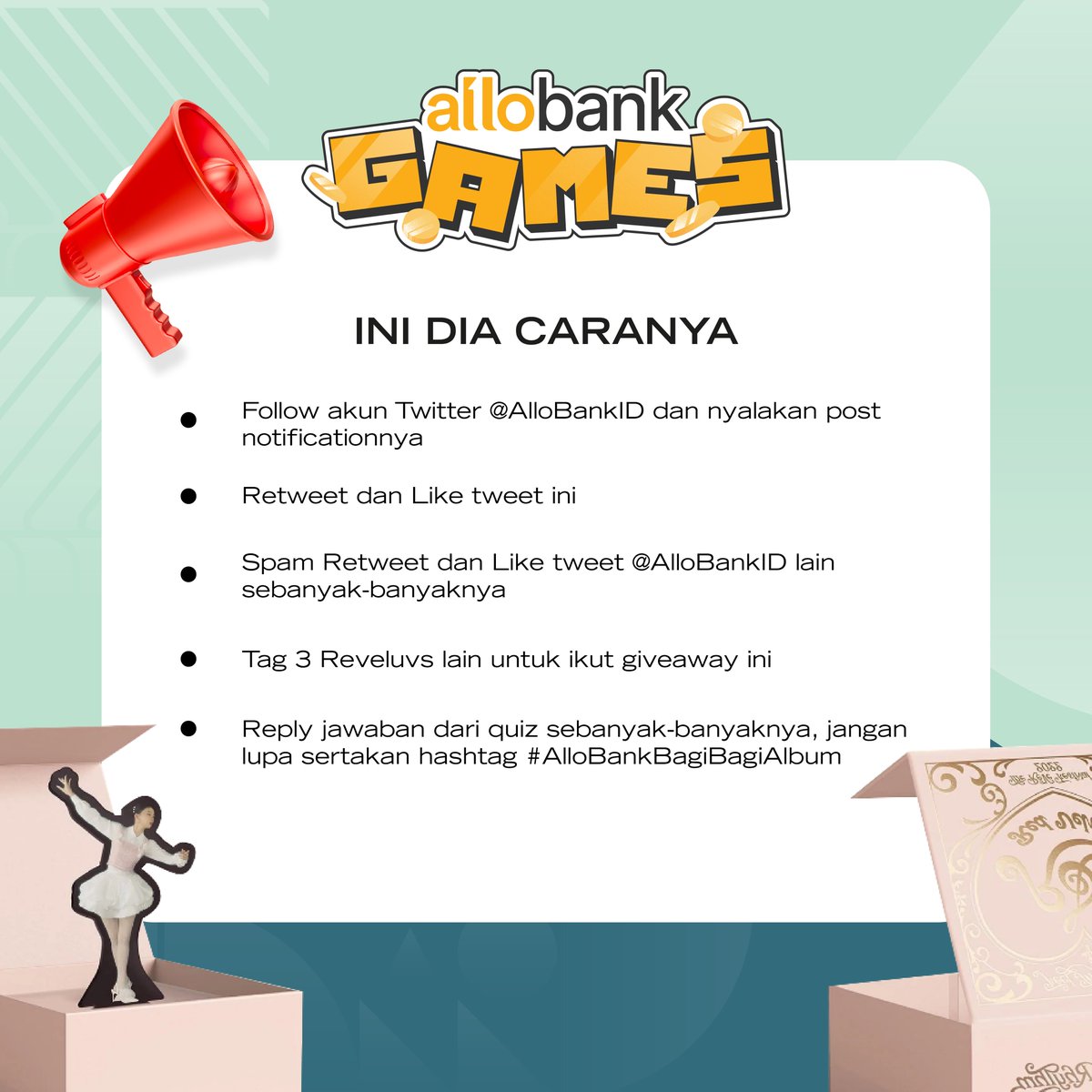 AlloBankID's tweet photo. ⚠️MEMANGGIL SELURUH REVELUV⚠️

Allo Bank mau bagi-bagi 9 album Feel My Rhythm - Red Velvet untuk 9 Reveluv!💃

Caranya? Gampang buangeeet! Cus cek rules dan T&amp;C-nya di bawah ini👇

#AlloBankBagiBagiAlbum https://t.co/zdsYlW60kq