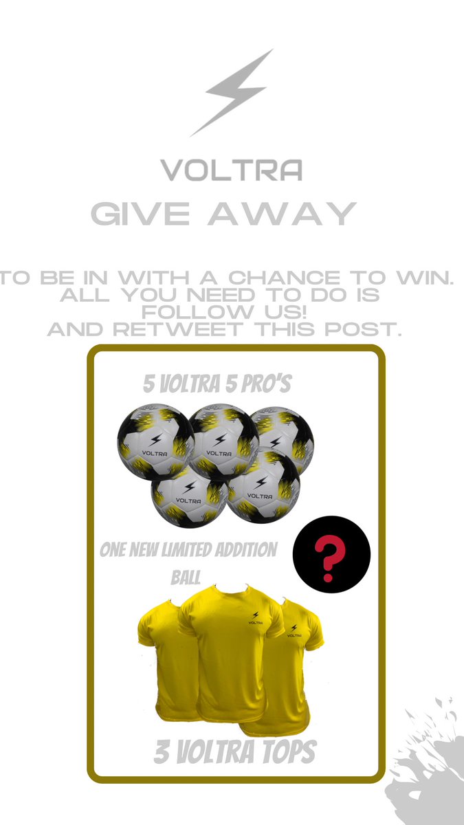ITS GIVE AWAY TIME ⏰ 

To celebrate everyone’s continued support. We have decided to do a give away 🎁 

Interested in winning 
5 Voltra pro’s ⚽️ 
3 Voltra tops 👕 
And win 1 brand new limited addition Voltra ball coming out soon! 

Just follow the instructions below ⬇️
