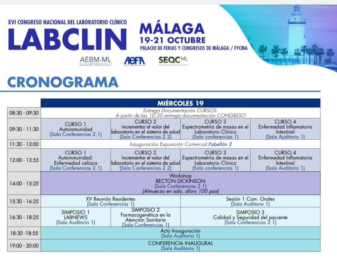 Arranca el XVI CONGRESO NACIONAL DE LABORATORIO CLÍNICO <a href="/congresolabclin/">Laboratorio Clínico</a> 

Os dejamos la programación de hoy, miércoles 19.