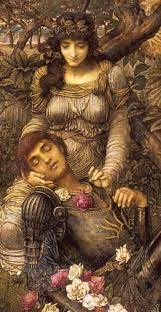 Bower of Bliss: 'Acrasia' by John Melhuish Strudwick (1888, private collection) for this week's #WednesdayWonder. The inspiration is Spenser's "The Faerie Queene", with the enchantress Acrasia depicted surrounded by handmaidens with a knight at her mercy....