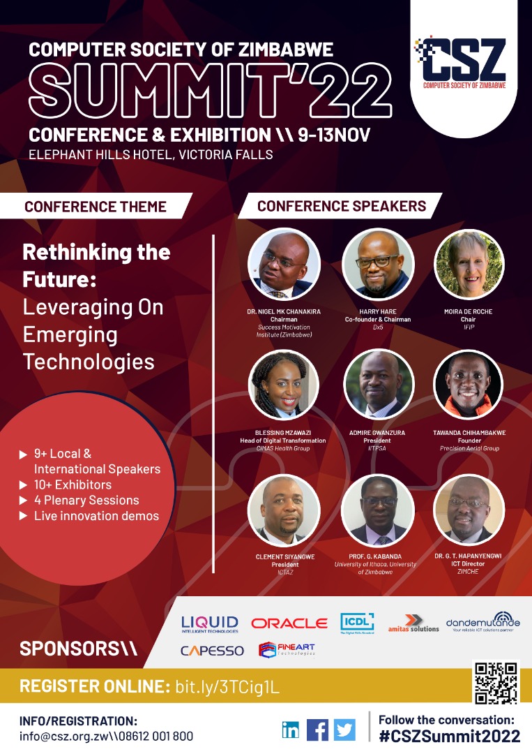 compsocietyzim's tweet photo. The 2022 Edition of the CSZ Summit &amp; Exhibition is on!
Running from 9-13 November at the Elephant Hills Resort, Victoria Falls, #CSZSummit2022 is Zimbabwe's biggest annual ICT convention with top local and international experts.

Register online today: https://t.co/gdo7Cnna4d https://t.co/dbEuB6hZAP