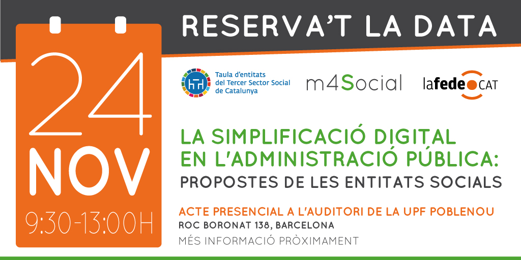 m4_social's tweet photo. 💻‘La simplificació digital en l’administració pública: propostes de les entitats socials’.

🗣️@Taula3sector i @Lafede_cat et convidem a debatre sobre com la #digitalització pot afavorir la relació entre administració i #entitatssocials.

Inscriu-t’hi! ➡ https://t.co/OzOF1fVoJs https://t.co/j7kEFT6JvG