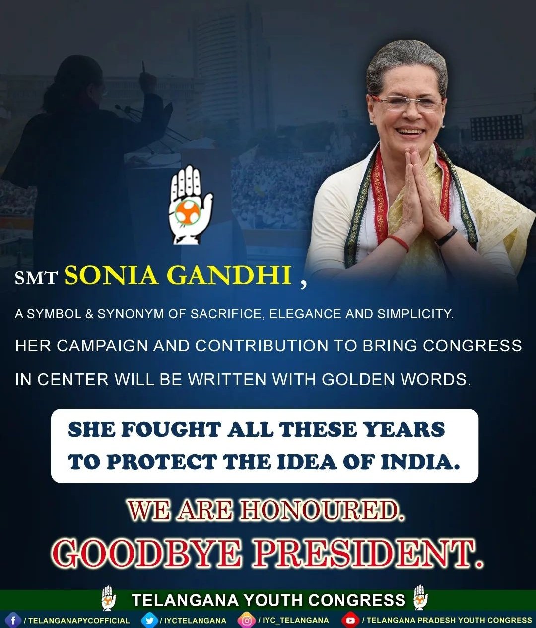 X \ Telangana Youth Congress على X: Smt.Sonia Gandhi has led the Congress  Party with grace and dignity. Her contribution to the party and the nation  is immense. We in the Congress