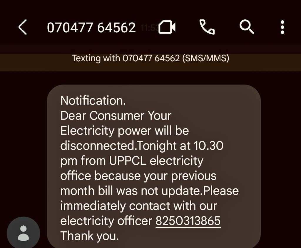 Stay Alert of this 'Electricity Bill Scam'.! They create a sense of urgency &amp; ask you to download a Screensharing/Remote Access Application. And they steal your data &amp; money. Contact your electricity board/supplier office physically or on their official numbers to verify things.