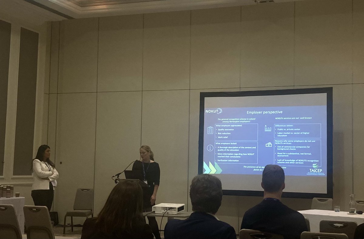 ColinTueck's tweet photo. Useful insights by @NOKUT_No &amp; @UHR_se at the @TAICEP_org conference: challenging to get data, but research from 🇳🇴 &amp; 🇸🇪 suggests recognition statements are used and have impact in private labour market, even if they might not be decisive alone. https://t.co/lLq7Nc5B1v
