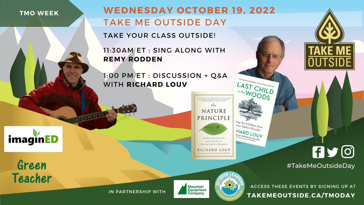 takemeoutside's tweet photo. #TakeMeOutsideDay:  Today is the day! Please tag @takemeoutside or use #TakeMeOutsideDay in all your outdoor learning adventures today so that we can celebrate with you! 
Oct. 19 Live Events 1) 11:30am ET Sing along with @RemyRodden and 2) 1pm ET Discussion + Q&amp;A with @RichLouv! https://t.co/gc1oNLYJyG