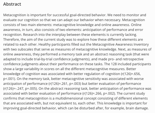 After a brain injury, some people can't assess their cognitive skills very well anymore (metacognition), which can get in the way of rehabilitation. But how well can people without brain injury actually do this? Read the preprint of @AnnekeTerneusen: bit.ly/3TCxMe5