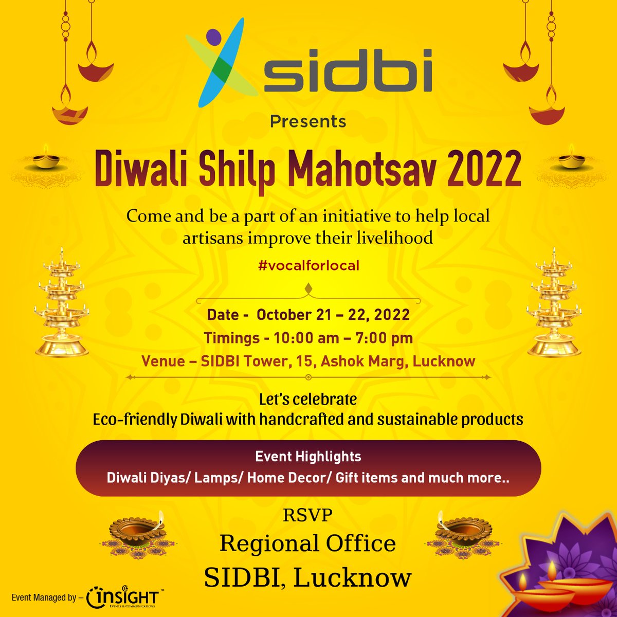 sidbiofficial's tweet photo. #SIDBI is organising “Diwali Shilp Mahotsav 2022”
When: October 21-22, 2022
Where: SIDBI Tower, 15 Ashok Marg, Lucknow
As part of the #Mahotsav, #artisans from #marginalised groups and #weakersections will get an #opportunity to #display and #sell their #craft and #products. https://t.co/311L75K00y