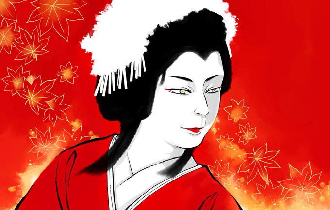 10月上旬に歌舞伎座で、「鬼揃紅葉狩」「荒川十太夫」を観てきた時の感想画。紅葉狩は豪奢な金赤、十太夫は薄墨の中に白梅を描きたくなるお芝居でした。 