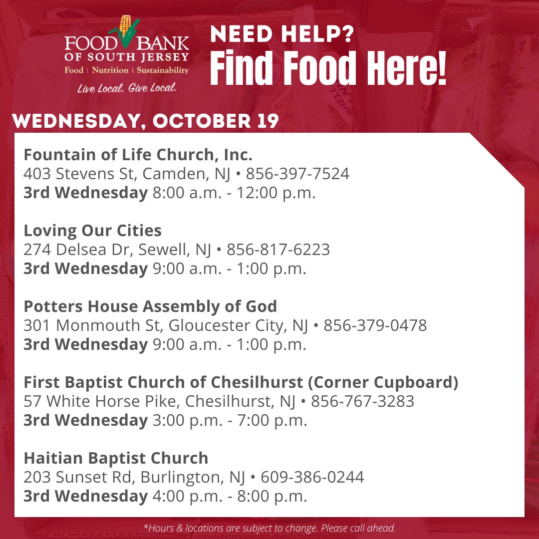 Need food assistance? Here are a few distributions taking place 𝗧𝗢𝗗𝗔𝗬, Wednesday, October 19. Find more locations & dates at foodbanksj.org/food. Hours & locations are subject to change. 𝗣𝗹𝗲𝗮𝘀𝗲 𝗰𝗮𝗹𝗹 𝗮𝗵𝗲𝗮𝗱. #bettertogether #food #feedSJ #findfood #foodbank