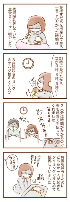 双子育児は夜間授乳していた時期がいっっちばんしんどかったですが、2歳の現在も寝る直前毎日修学旅行気分な双子の寝かしつけは大変です💦(1/2)

 #双子育児 #コミックエッセイ #育児漫画 #漫画が読めるハッシュタグ 