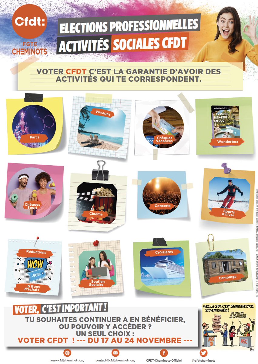 E-TRACT || Élections professionnelles : activités sociales CFDT
🔗 bit.ly/3ETfjWc

#chequesvacances #voyages #concerts #activités #ASC #sncf #cfdt #sport #pourtous||