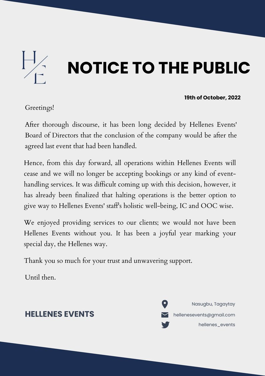 ‌ ‌ㅤ

A MESSAGE FROM HELLENES EVENTS' BOARD OF DIRECTORS:

NOTICE OF CLOSURE

After a year of operating, HELLENES EVENTS will be officially closing its doors to the public. Thank you for being with us and we do appreciate your patronage. Αντίο για τώρα. 

 ‌ㅤㅤ