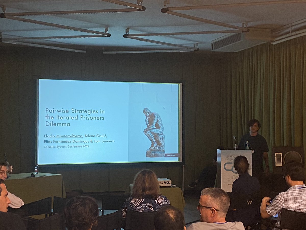 AMETHYST Satellite (@amethystccs) on Twitter photo Eladio Montero-Porras on an experimental work focusing on the strategies played by humans in a long-term iterated Prisoner’s Dilemma game. In collaboration with <a href="/jelenagrr/">Jelena Grujic</a> @tlenaert <a href="/esocrats/">Elias Fernández</a> #CCS2022 Eladio Montero-Porras on an experimental work focusing on the strategies played by humans in a long-term iterated Prisoner’s Dilemma game. In collaboration with <a href="/jelenagrr/">Jelena Grujic</a> @tlenaert <a href="/esocrats/">Elias Fernández</a> #CCS2022