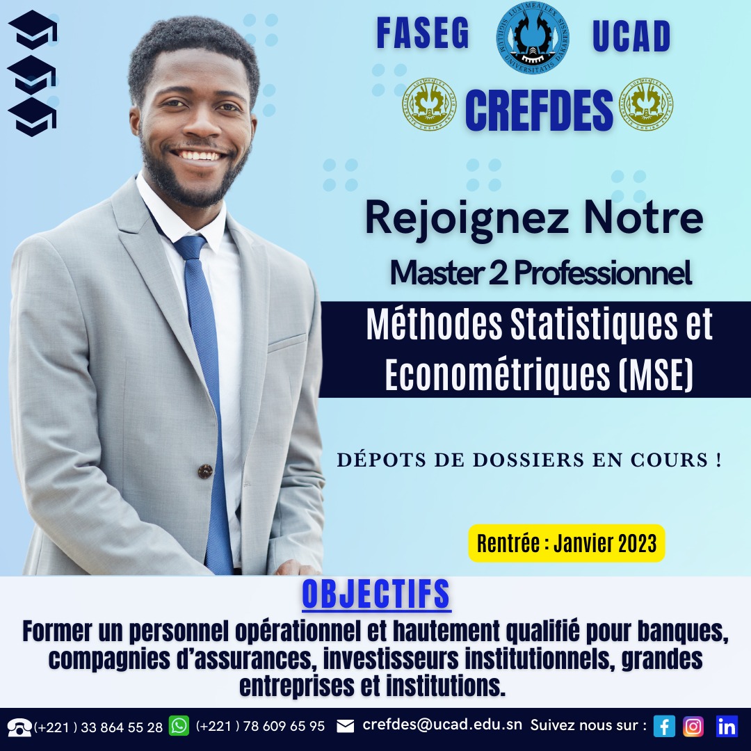 Crefdesucad's tweet photo. Pour plus d’informations veuillez nous contacter par WhatsApp +221786096595 ou par mail crefdes@ucad.edu.sn 
#formation #économie @faseg #ucad #Senegal #dakar #tchad #Cameroun #universitaire #cames #études #diplômes #Master #crefdes #professionnels #doctorat https://t.co/6i68FUcZLB