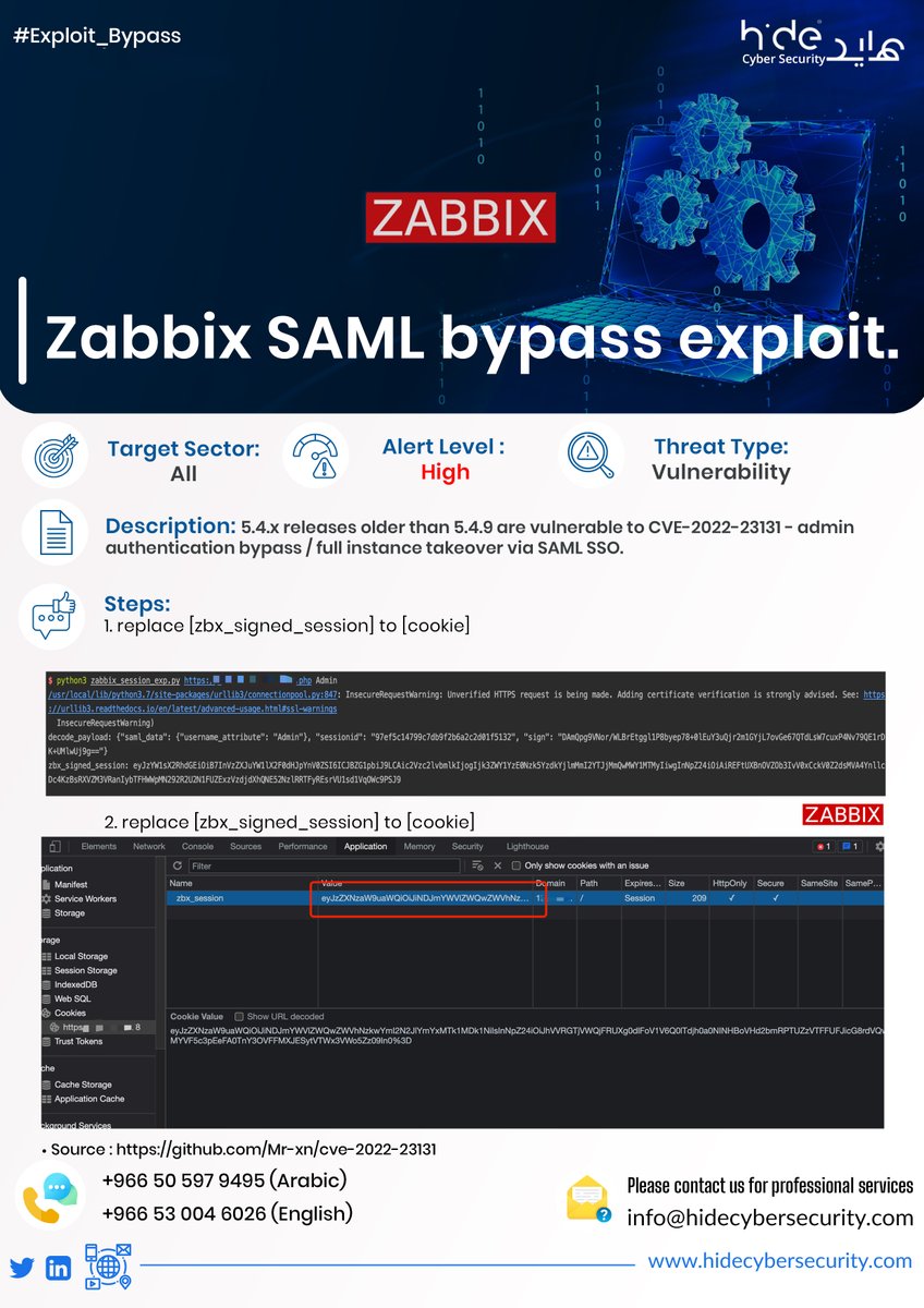 hidecybersec's tweet photo. Zabbix: CVE-2022-23131: Frontend Authentication Bypass Vulnerability

Solution: zabbix-upgrade-latest

#zabbix #saml #bypass #exploit #saudiarabia #hidecybersecurity #hidecybersec https://t.co/hFnLebDpaa