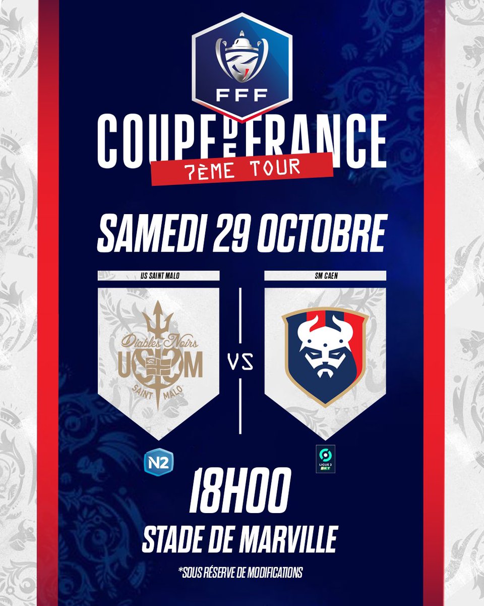 🤩𝗟𝗘 𝗖𝗛𝗢𝗖 𝗔 𝗠𝗔𝗥𝗩𝗜𝗟𝗟𝗘 🤩

Le tirage au sort a rendu son verdict, ça sera le <a href="/SMCaen/">Stade Malherbe Caen</a> pensionnaire de Ligue 2 pour ce 𝟳è𝗺𝗲 𝘁𝗼𝘂𝗿 de la Coupe de France 🏆🇫🇷

Le match aura lieu le week-end du 29/30 octobre à Marville ! 🏠