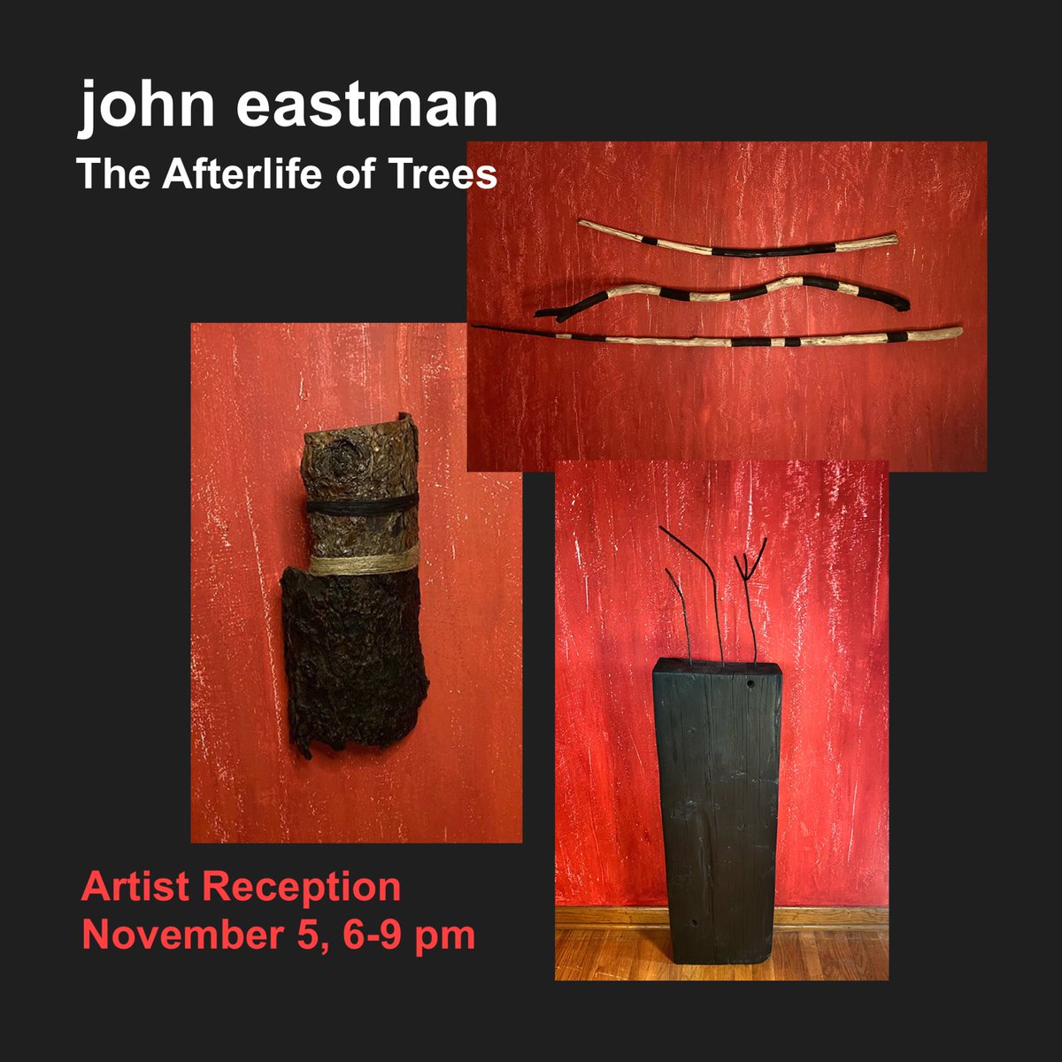doubledogart's tweet photo. JOIN US 
john eastman's The Afterlife of Trees. 
Artist reception Nov 5, 6-9 
The exhibit will feature three reiterations of trees, each representing new observations and utilities after they have passed on from life, perhaps inadvertently adding to the progression of humanity. https://t.co/Xg4vC6pNSe