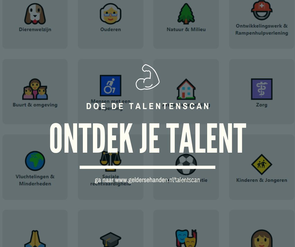 Altijd al vrijwilligerswerk willen doen? Maar twijfel je of je liever met dieren werkt 🐶, iets sportiefs wilt doen ⚽️ of een bijdrage levert aan de bruisende evenementensector in Nijmegen? 🎼

Maak de talentenscan &amp; ontdek wat bij jou past! 👉geldersehanden.nl/talentscan
