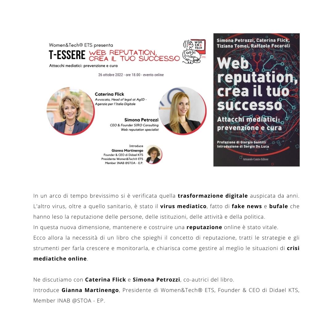 womentech's tweet photo. T-Essere: Web reputation, crea il tuo successo
📅ONLINE 26.10 h 18.00
Ne discutiamo con @CaterinaFlick e @simona_petrozzi co-autrici del libro. Introduce @MartinengoG
ISCRIVITI e PARTECIPA👇https://t.co/GMbdbYlc0C
#womentech #webreputation #trasformazionedigitale #fakenews https://t.co/Ht8aPNCvJT
