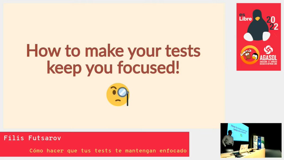 💡 Recordando #esLibre2022:

📌 <a href="/filisdev/">Filis Futsarov</a>: "Cómo hacer que tus tests te mantengan enfocado"

🐧📽️: w.wiki/5Yer

‼️ Abierto envío de propuestas para #esLibre2023 hasta el 15 de enero.

🔗: eslib.re/2023/propuestas