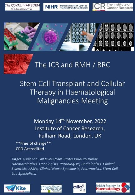 FREE mtg at #ICR, London on 14th Nov bringing you the latest in stem cell trnsplnts &amp; CAR-T thrpy. FREE lunch &amp; evening recep. #carttherapy #stemcelltherapy #stemcelltransplant #bmt #lymphoma #leukaemia #myeloma #cll #all #radiology #pathology #dlbcl #hsct #aml #haematology