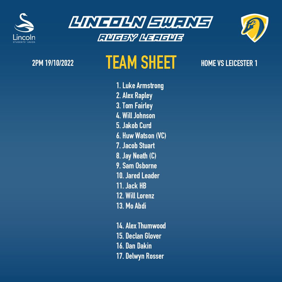 Team sheet is in! 

The boys are kicking off the season with a home game against Leicester 1s <a href="/ULRLFC1/">University of Leicester Rugby League Football Club</a> 

Kickoff 2pm at Lincoln RFC <a href="/Lincoln_Rugby/">Lincoln Rugby Club</a>