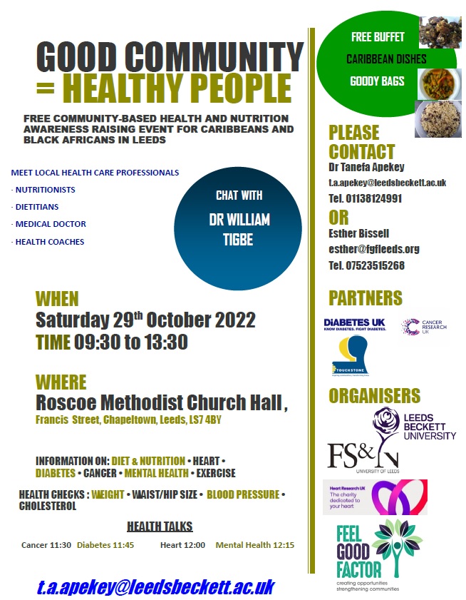 Come along to the free event organised by Feel Good Factor on Saturday 29th October 2022 - 9.30 to 1.30

Meet local health care professionals &amp; get information on Diet, Diabetes, Cancer, Blood Pressure, Mental Health etc..