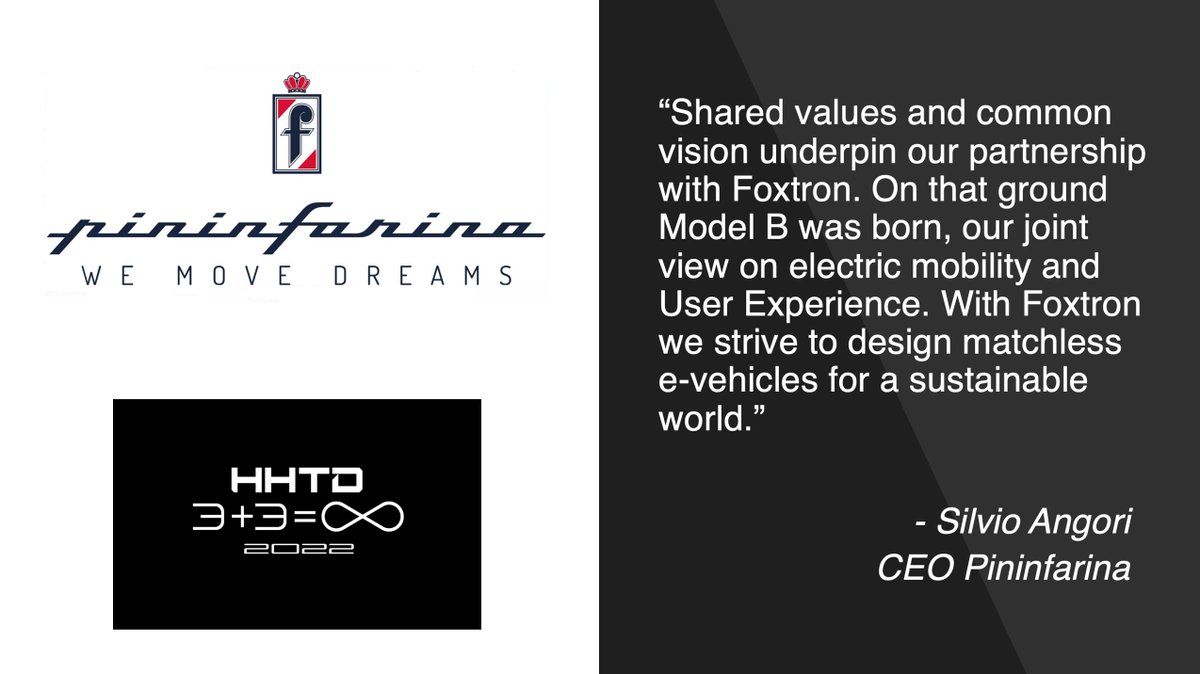 HonHai_Foxconn's tweet photo. A pleasure to work with the legendary design house @PininfarinaSpA for this year’s MODEL B!
#HHTD22 #Pininfarina #Foxconn #HonHaiTechnologyGroup https://t.co/UK2kLZsTVn