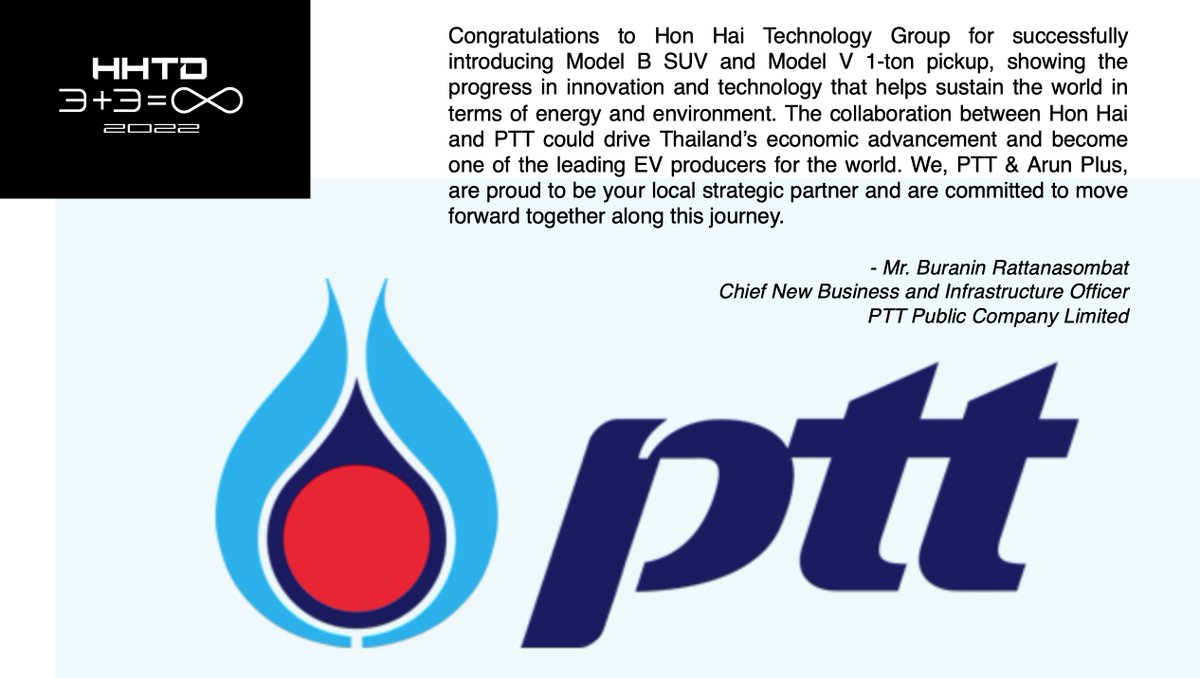 HonHai_Foxconn's tweet photo. Thanks to our partner in Thailand @pttplc_official. Together let’s make EV great!
#HHTD22 #PTT #Foxconn #HonHaiTechnologyGroup https://t.co/b9GG07g1Px