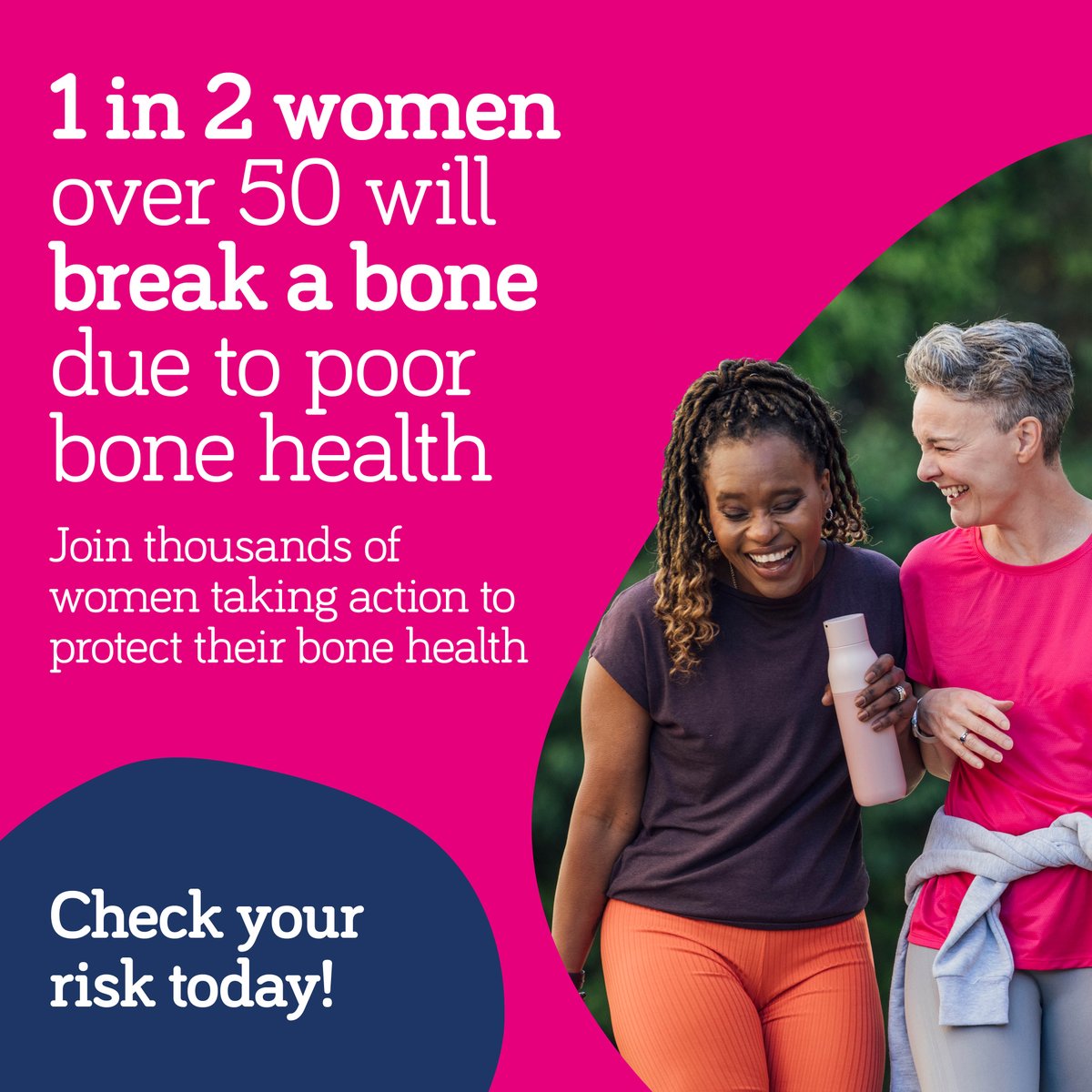 Did you know that 1 in 2 women over 50 will break a bone due to poor bone health? And for men it's 1 in 5? Share our new risk checker to help your friends and family future proof their bones. Share the risk checker: bit.ly/3eM2eTY #worldosteoporosisday #checkyourrisk