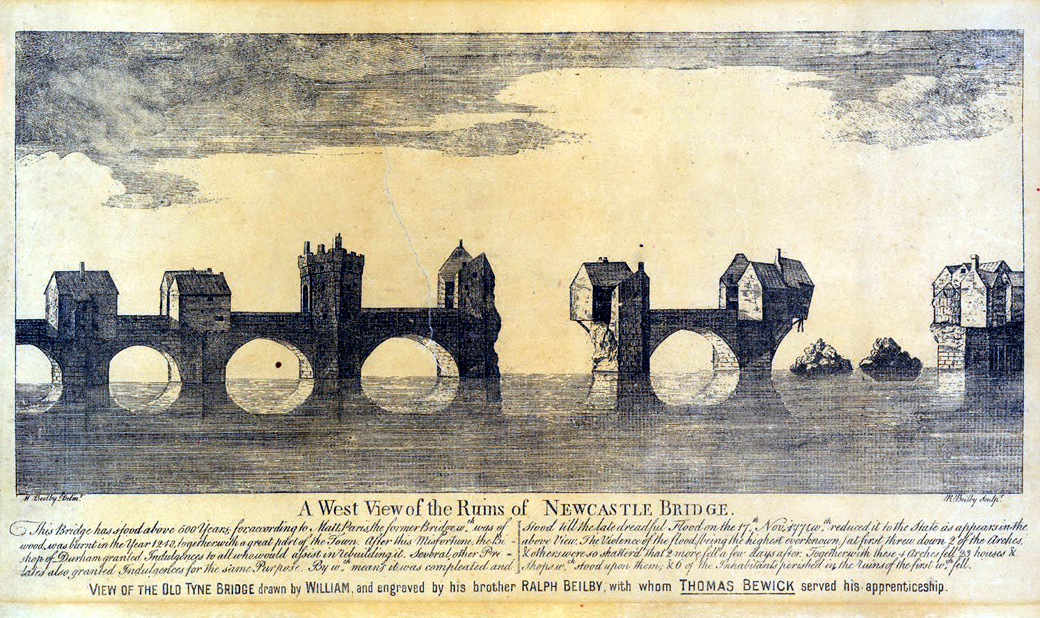 The Old Tyne Bridge was destroyed early on a Sunday morning, 17 November 1771, during 'the most dreadful inundation' that ever befell Tyneside—the Great Flood. It was a day of horror, suffering, and great bravery. At least 8 people died, but many more were rescued. 7/12