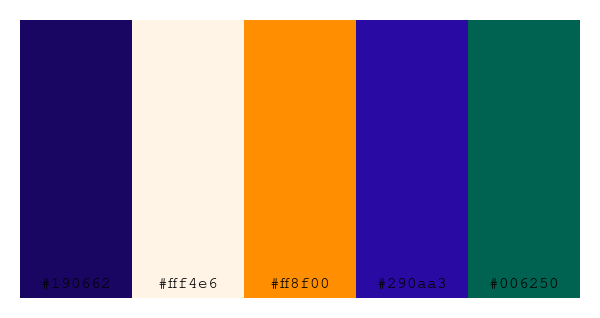 ColPaletteBot's tweet photo. Beep beep, here's a pretty color palette for you!
color-scheme.js parameters used:
- hue: 54
- variation: hard
- colors: #190662, #fff4e6, #ff8f00, #290aa3, #006250
Have a lovely day!
#twitterbot #colorpalette #colors #palette #prettycolors https://t.co/hx14b7sZga