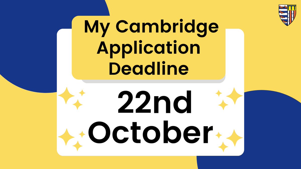 If you are applying to Cambridge for 2023 entry (or deferred entry in 2024) don't forget that the deadline to submit your My Cambridge Application is 22 October 2022 (6pm UK time)! ⌛️

Guidance available at: undergraduate.study.cam.ac.uk/applying/mycam…