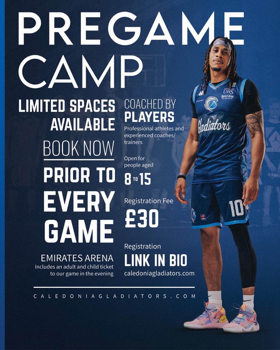 Cal_Gladiators's tweet photo. BBL | Limited spaces available for this Sunday's Pregame Camp! 🎟⏰

🔗 Get your tickets NOW ⤵️
https://t.co/XcWcWcvb5G

#KnowOurName #WeAreCaledonia #GoGladiators #BritishBasketball https://t.co/cECOefaK0b