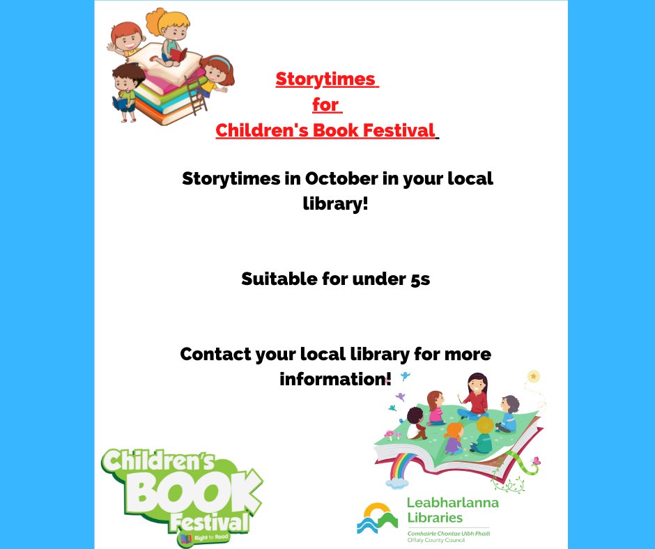OffalyLibraries's tweet photo. If you and your family would like to attend a story time in any of our libraries, please contact them directly to book your space.  
#offalylibraries @offalycoco  #righttoread #CBF2022 https://t.co/5LY8EFiPO4
