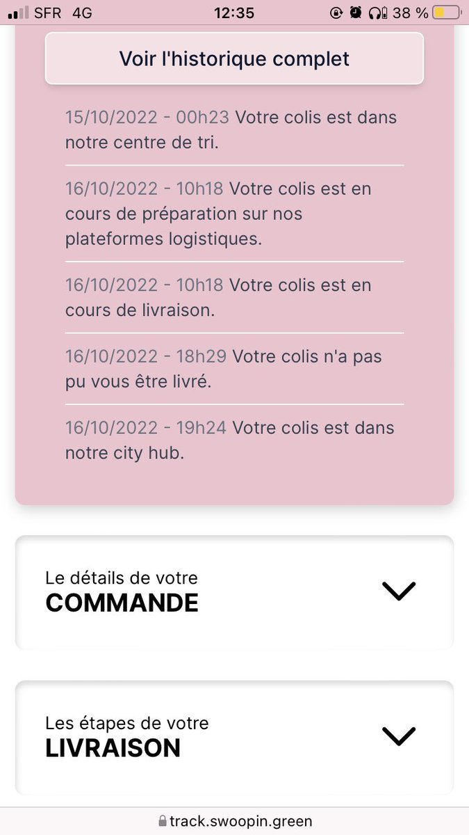 terand92's tweet photo. #swoopin qui livre un dimanche à 19h24 ? Et pourquoi depuis dimanche je n’ai plus de nouvelle ? Pourquoi des grandes enseignes comme #nikefr @Nike continuent de bosser avec cette entreprise complètement inefficace ? C’est honteux. https://t.co/PHDqC2tsKL