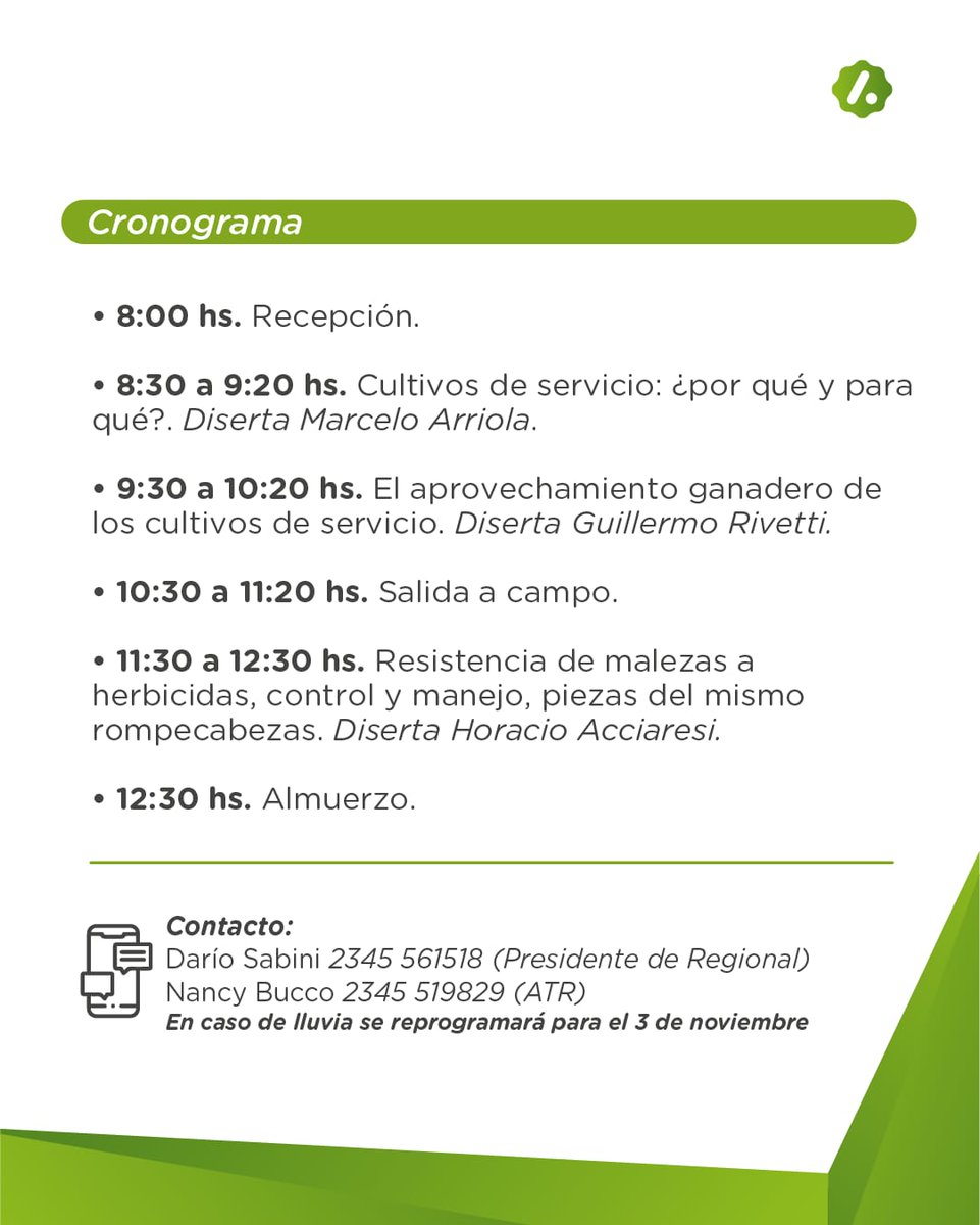 UPA Regional Aapresid 25 de Mayo. Jueves 27/10 en el predio de la Sociedad Rural 25 de Mayo.
Vamos a estar intercambiando sobre los diferentes usos de los cultivos de servicio, clave en años complicados como este...
<a href="/aapresid/">Aapresid</a>